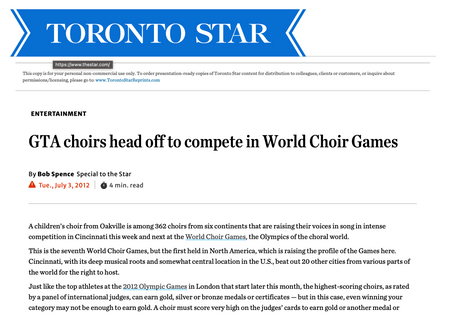 Oakville Choir featured in the Toronto Star - GTA choirs head off to compete in World Choir Games