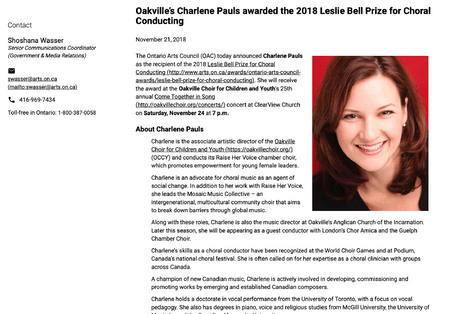 Oakville Choir's Charlene Pauls awarded the 2018 Leslie Bell Prize for choral conducting.