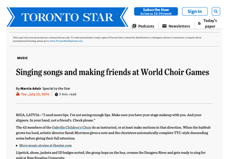 Oakville Choir featured in the Toronto Star - Singing songs and making friends at World Choir Games